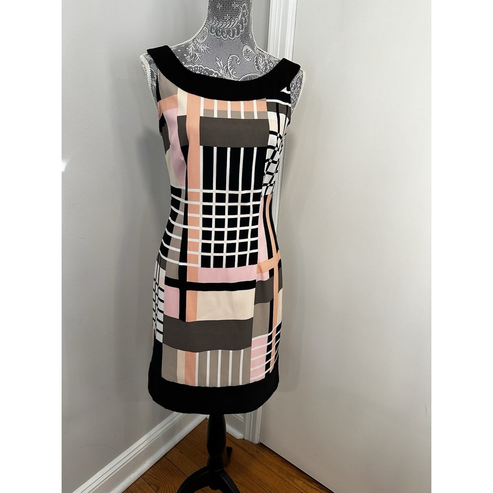 CONNECTED Sleeveless Pink Black Geometric Print Sheath Knee Length Dress Size 8